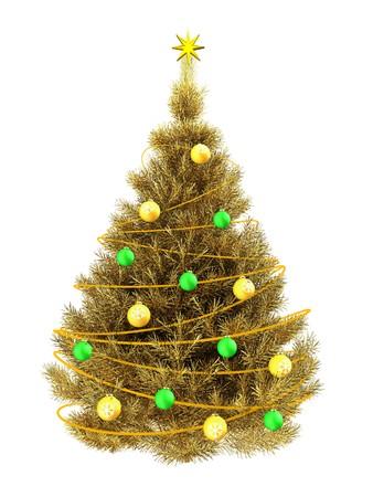 3d illustration of golden Christmas tree with neon over white backgroundの写真素材