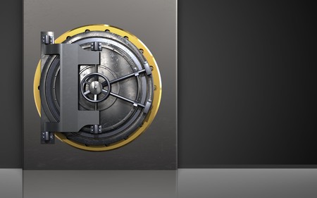 3d illustration of metal box with steel door over black backgroundの写真素材