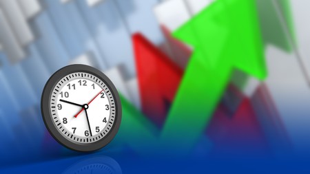 3d illustration of clock over arrows graph background