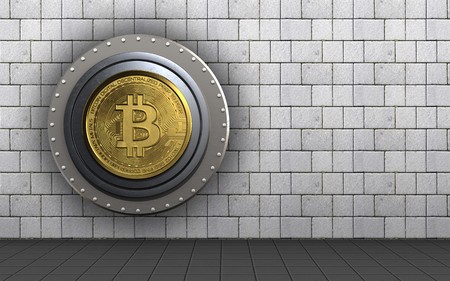 3d illustration of bitcoin safe  over white stones backgroundの写真素材