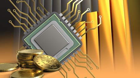3d illustration of cpu over golden charts background with golden coinsの写真素材