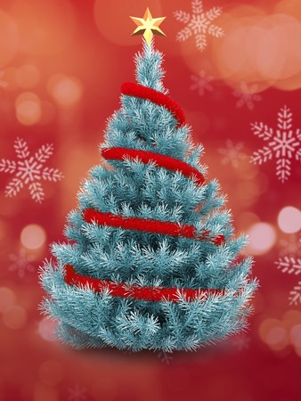 3d  blue Christmas tree over red and snow background with red tinsel and golden starの写真素材