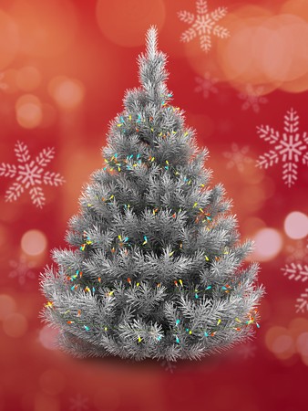 3d   silver Christmas tree over red and snow backgroundの写真素材