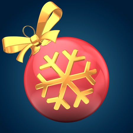 3d Christmass ball over blue background with golden snowflake and yellow ribbonの写真素材
