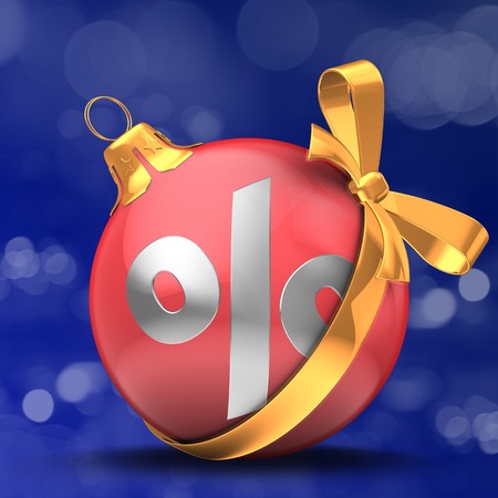 3d illustration of Christmass ball over bokeh blue background with percent sign and golden bowの写真素材