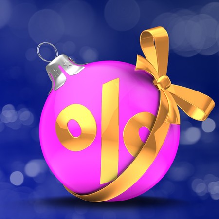 3d  Christmass ball over bokeh blue background with percent sign and golden bowの写真素材