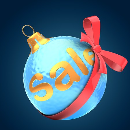 3d  ice blue Christmas ball over dark blue background with sale sign and red bowの写真素材