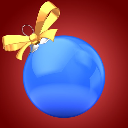 3d  blue Christmas ball over red background with yellow ribbonの写真素材