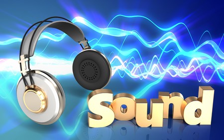 3d illustration of headphones over sound waves blue background with 'sound' signの写真素材