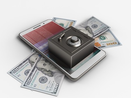 3d illustration of white phone over white background with banknotes and steel safe