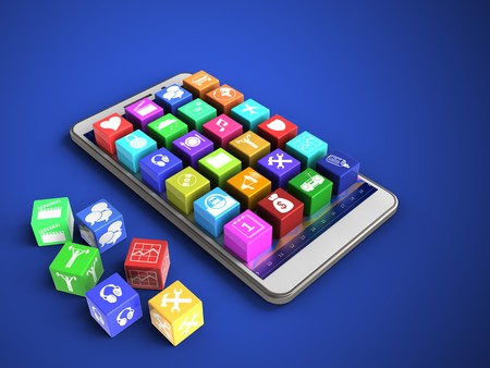 3d illustration of white phone over blue background with cubes and application iconsの写真素材