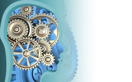 3d illustration of gears over white background with blue gearsの写真素材