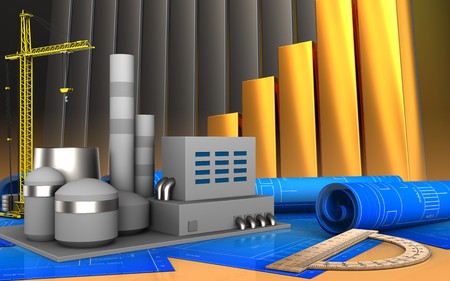 3d illustration of factory with crane over golden charts backgroundの写真素材