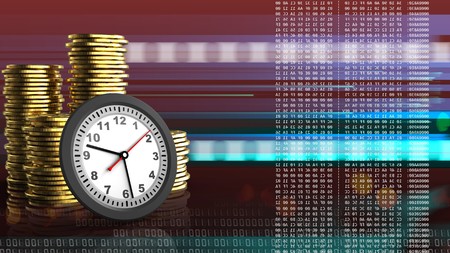 3d illustration of coins over red cyber background with clockの写真素材
