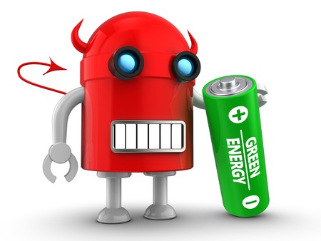 3d illustration of robot with battery over white backgroundの写真素材