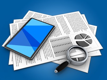 3d illustration of documents and tablet computer over blue backgroundの写真素材