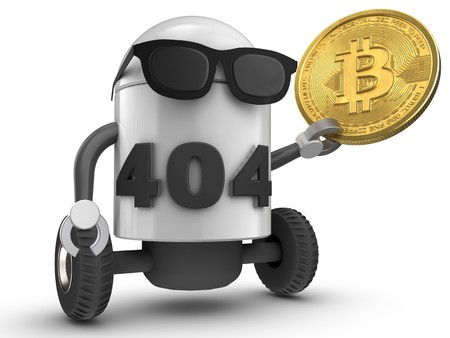 3d illustration of robot with bitcoin over white background