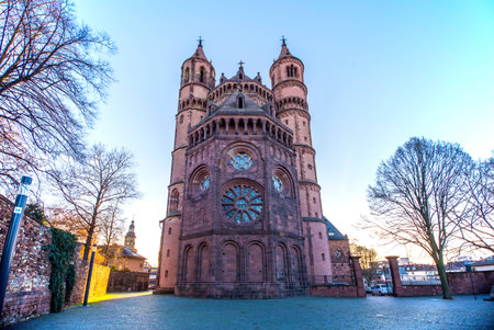 Light New-Romanesque Cathedral in Worms, Worms Cathedral, Backgroundの写真素材