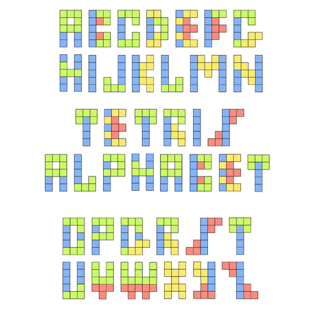 Tetris retro funny font. Constructive colorful alphabetのイラスト素材