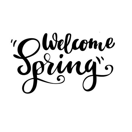 Greeting card with phrase: Welcome spring. Vector isolated illustration: brush calligraphy, hand lettering. Inspirational typography poster.のイラスト素材