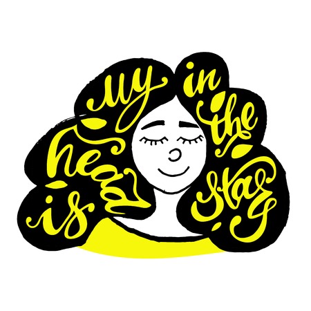 Vector isolated Girl with lush black hair with phrase My head is in the stars. Brush calligraphy, hand lettering. Inspirational feminine feminist typography poster. For postcard, label.のイラスト素材