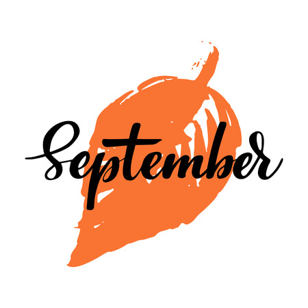September autumn greeting card. Vector isolated illustration: brush calligraphy, hand lettering. Inspirational typography poster. For calendar, postcard, label and decor.のイラスト素材