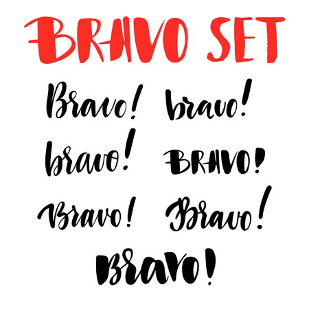 Bravo greeting and congratulation set. A phrase for successful and good works. Vector isolated illustration: brush calligraphy, hand lettering.のイラスト素材