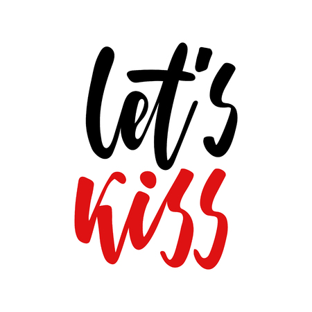 isolated Happy Valentines Day illustration with phrase lets kiss. Hand drawn wedding background. Black and red brush calligraphy, hand lettering. For card, print, poster, invitation.のイラスト素材