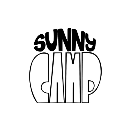 Sunny camp. Summer, tourism isolated vector, calligraphic phrase. Hand brush calligraphy, lettering. Modern design for logo, banners emblems, prints, photo overlays, t-shirts, posters, greeting card.のイラスト素材
