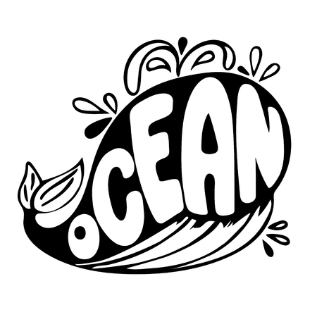 The word ocean inside the whale. Isolated vector, calligraphic phrase. Hand calligraphy. Modern design for logo, banners emblems, prints, photo overlays, t-shirts, posters, greeting card.のイラスト素材