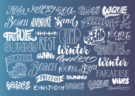 Vector winter set, hand lettering, calligraphy. Wave, happy, holiday, beach, rest, sand, sea, vibes, paradise, enjoy, ocean, travel, relax, aloha, vacation, sunny, camp, freedom, journey, adventure.のイラスト素材