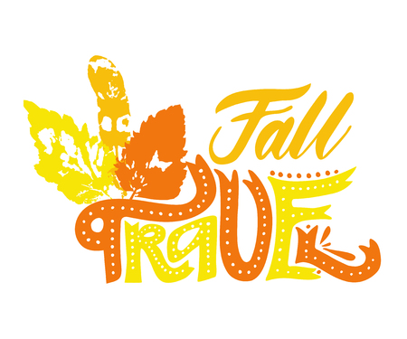Fall travel with orange, yellow, red leaves. Vector, calligraphic phrase. Hand calligraphy. Modern seasonal tourist design for logo, banners, emblems, prints, photo overlays, t shirts, posters, card.のイラスト素材