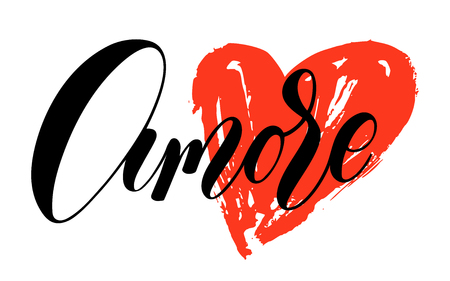 Hand calligraphy lettering text with red heart: Amore, Love, isolated vector quote and valentine phrase illustration on white background.のイラスト素材