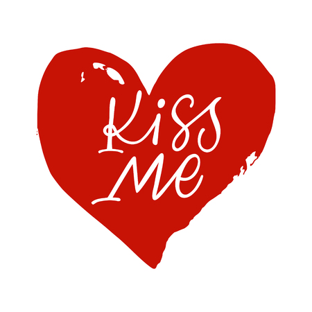 Hand calligraphy lettering text with red heart: Kiss me, isolated vector quote and phrase illustration on white background.のイラスト素材