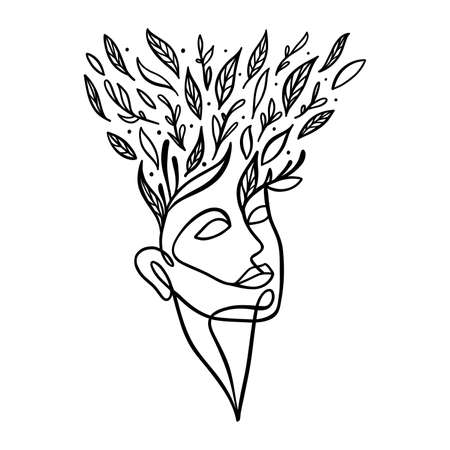 Beautiful female face in one continuous line with leaves instead of hair.のイラスト素材