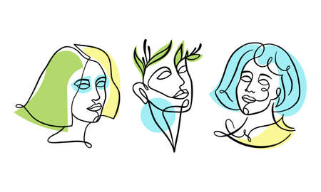Trendy set of one line woman face with green, blue and yellow colour.のイラスト素材