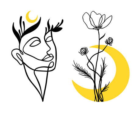 Set of a portrait with the face of a magical woman and a flower with the moon.のイラスト素材