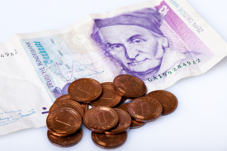 former german banknote and coins, deutschmarks,の写真素材