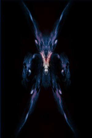 abstract demon looking creature made of nebula, lights and stars on black background, wallpaper...
