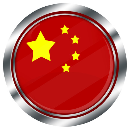 glossy round chinese flag button for web design with metallic border, illustration, white background, isolated,の写真素材