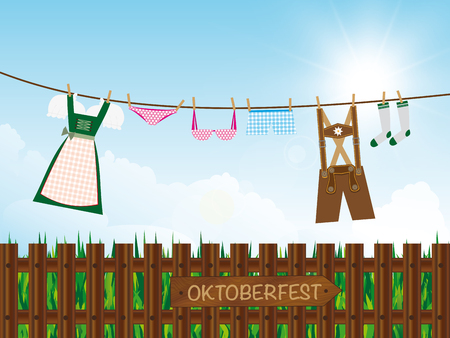 oktoberfest background outdoors, lederhosen, dirndl, panties, lingerie, socks hanging on clothes line, destination board on wooden garden fence,のイラスト素材