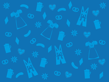 blue oktoberfest background with light blue traditional symbols, lederhosen, dirndl, beer, pretzel, edelweissのイラスト素材