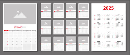 Organizer with wall calendar design of 2024 plus calendar of 2025, space for image, week starts Sunday.のイラスト素材