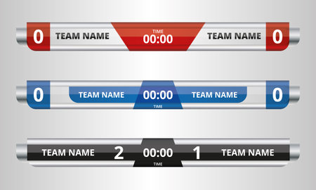 Collection of sport scoreboard broadcast vector lower thirds for football, soccer, baseball in silver effect design, with time, result and team name display.のイラスト素材