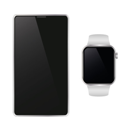 Smart Phone and Smart Watch with blank screen for your own design on transparent white background, vector illustration.のイラスト素材