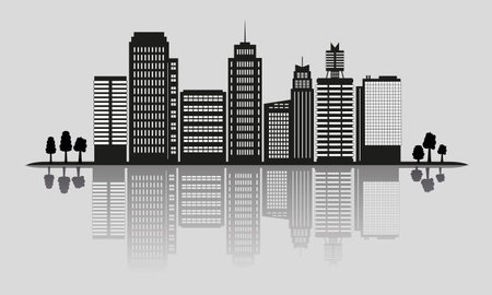 Modern urban landscape concept with black detailed skyscrapers and tree silhouettes, editable vector banner with reflection on gray backgroundのイラスト素材