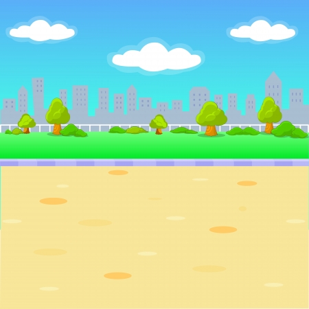 illustration of an empty park with city buildings in the backgroundのイラスト素材