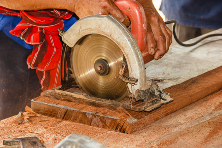 close up of Wood cutting with circular sawの写真素材