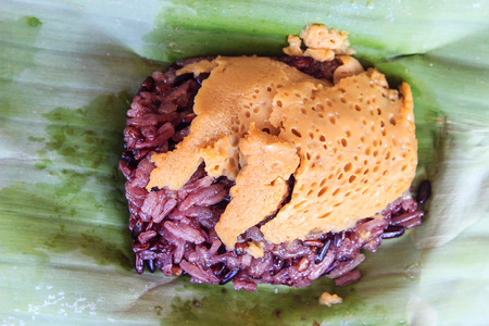 sticky rice Thai custard on green banana leaf backgroundの写真素材