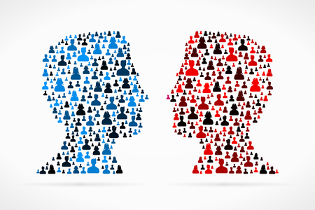 Confrontation between two large group of people silhouettesのイラスト素材